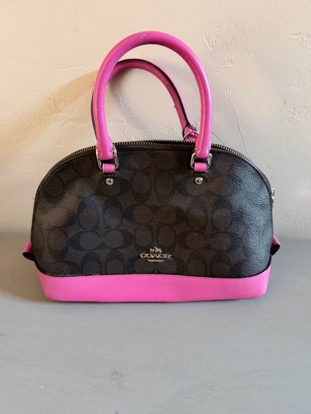 Coach Signature Dome Satchel with Hot Pink Trim and Black Canvas